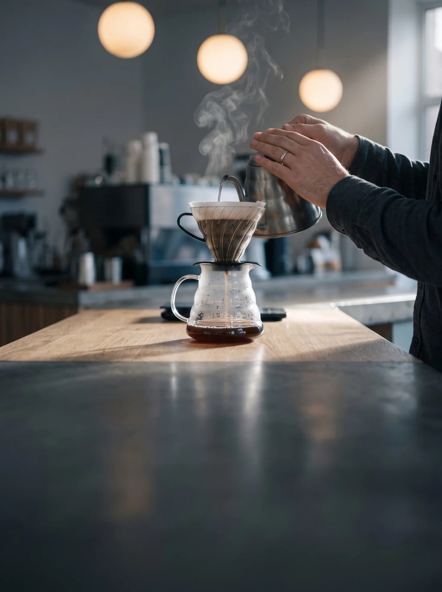 A barista’s hands pour water in a slow spiral into a V60 dripper.