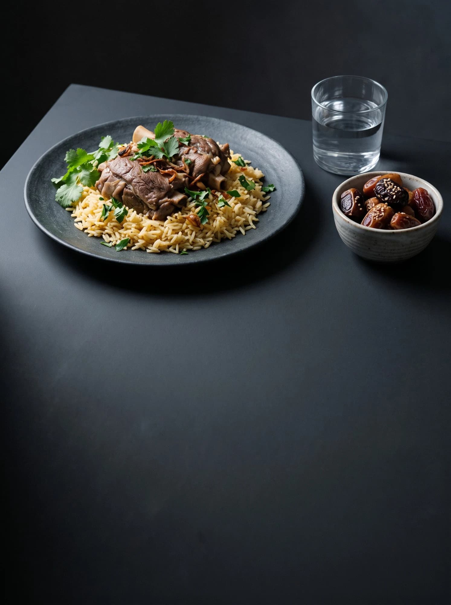 Slow-cooked lamb and saffron rice on a dark stone plate, beside water and dates.